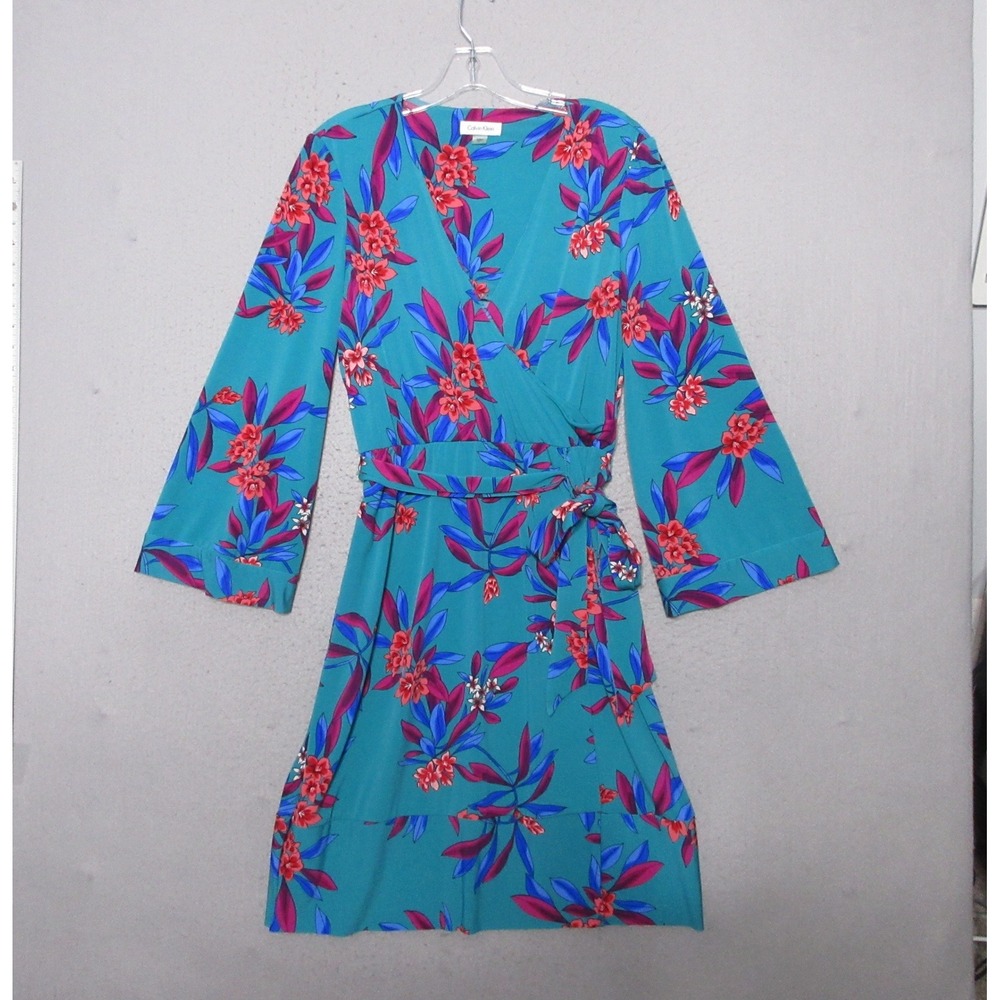 Calvin Klein Dress 8 Floral Faux Wrap Bell Kimono Sleeve Tropical Boho Summer